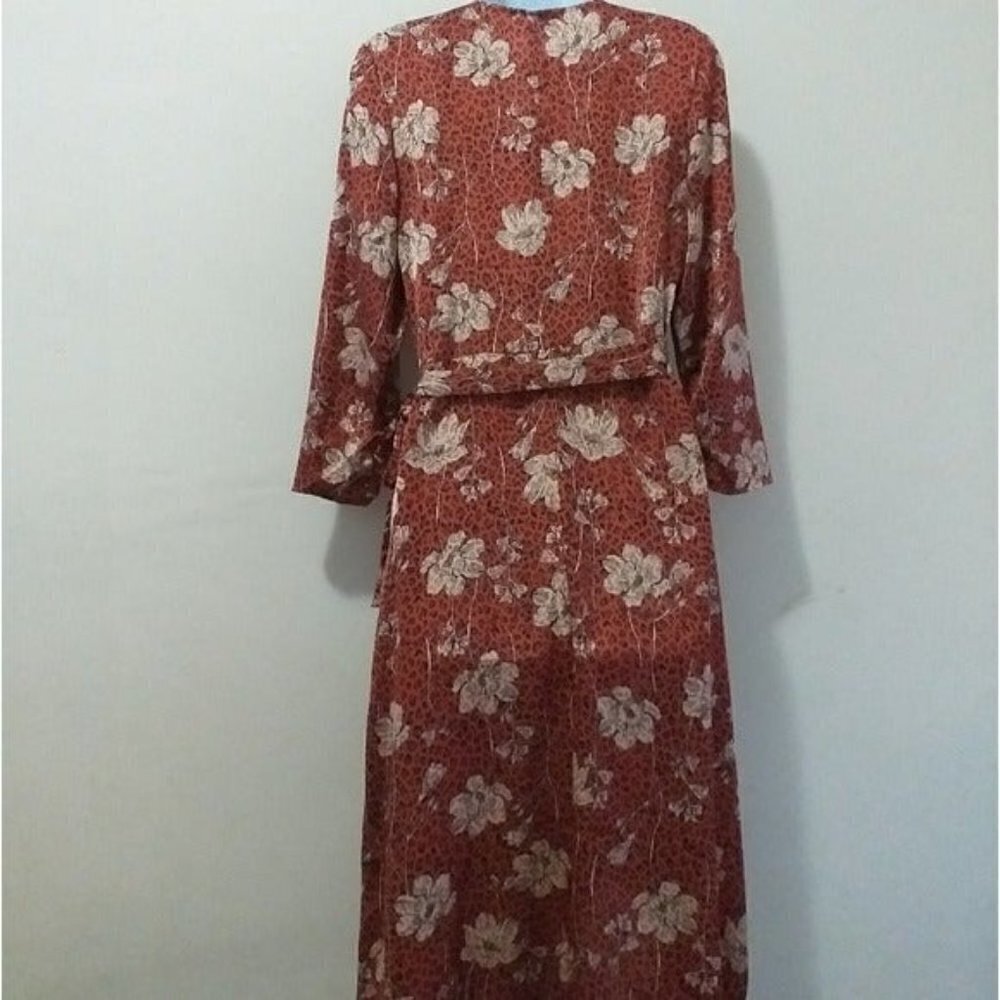 Leith Brown animal print floral boho wrap midi party women dress S Cottage Core - Picture 6 of 12